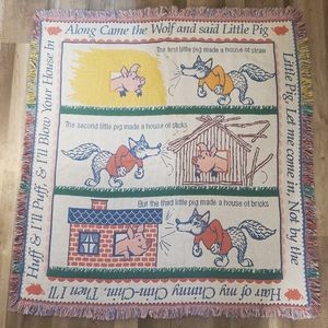 The Three Little Pigs Nursery Rhyme Fringed Graphic Blanket Afghan Baby Decor